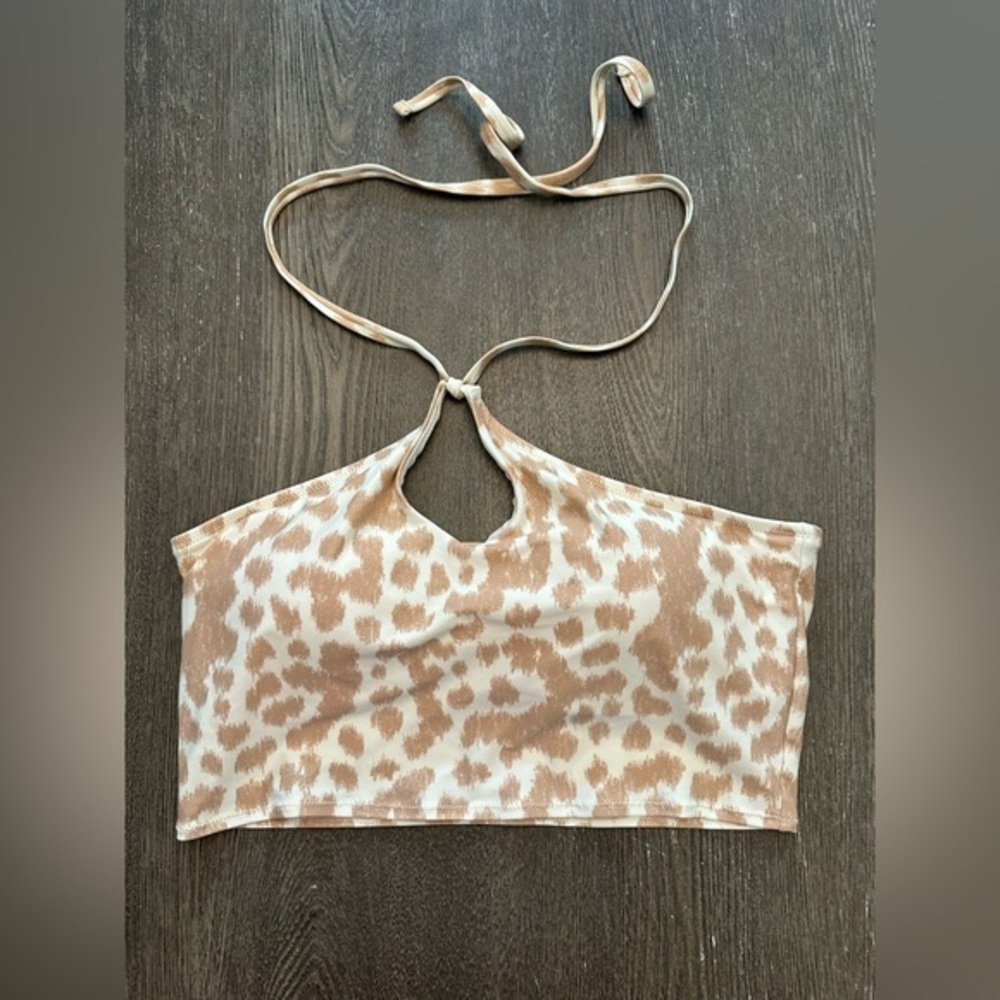 NWT AERIE TAN AND CREAM BANDEAU TIE NECK SWIM TOP - Size Large SKU:98